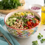 Recipe card for viral TikTok dense salad recipe with ingredients and instructions
