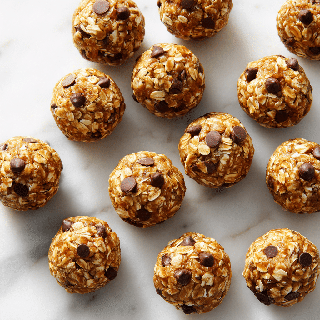 Rolled oats, nut butter, and mini chocolate chip energy balls on a plate, ready to eat.