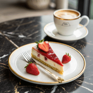 Elegantly served strawberry cheesecake slice