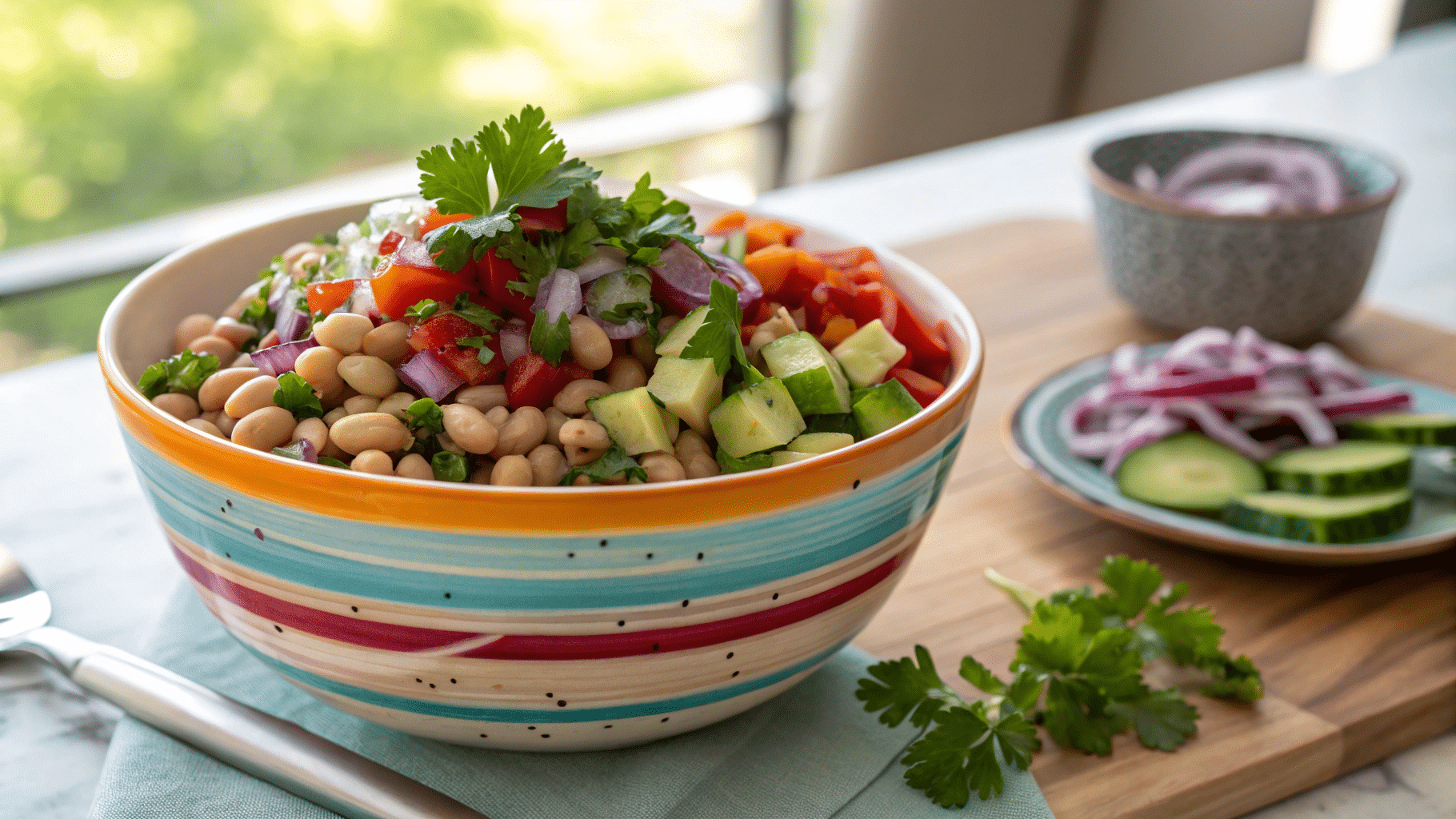 Viral TikTok dense salad recipe in a colorful bowl with fresh vegetables and beans