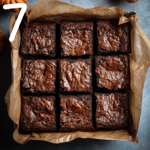 Freshly baked pumpkin brownies in an 8x8 pan cooling on a marble counter with parchment paper