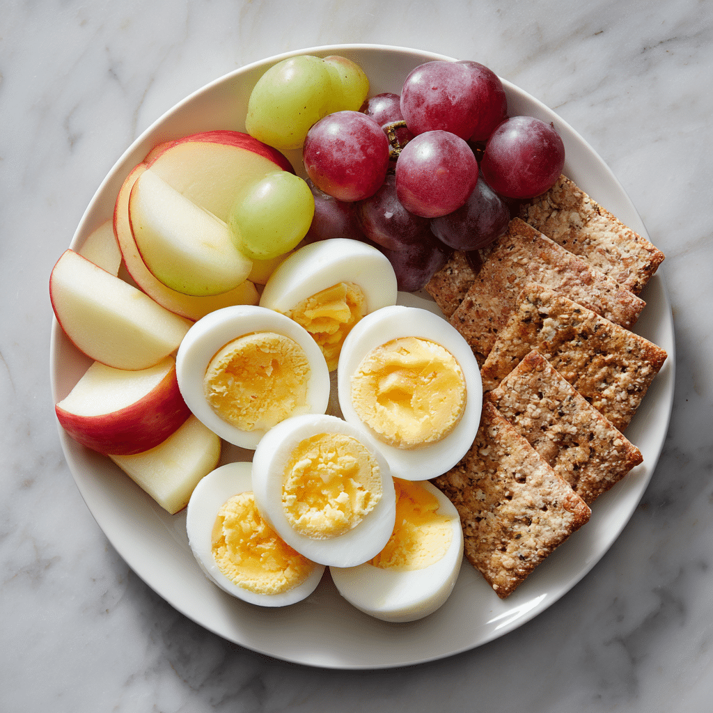 Plate with boiled eggs, fresh fruit slices, and whole grain crackers on a marble background