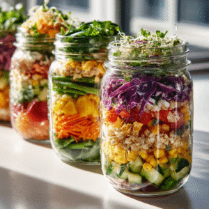 Futuristic glowing mason jar salad with vibrant gluten-free layers