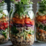 Colorful gluten-free mason jar salads with vegetables and quinoa