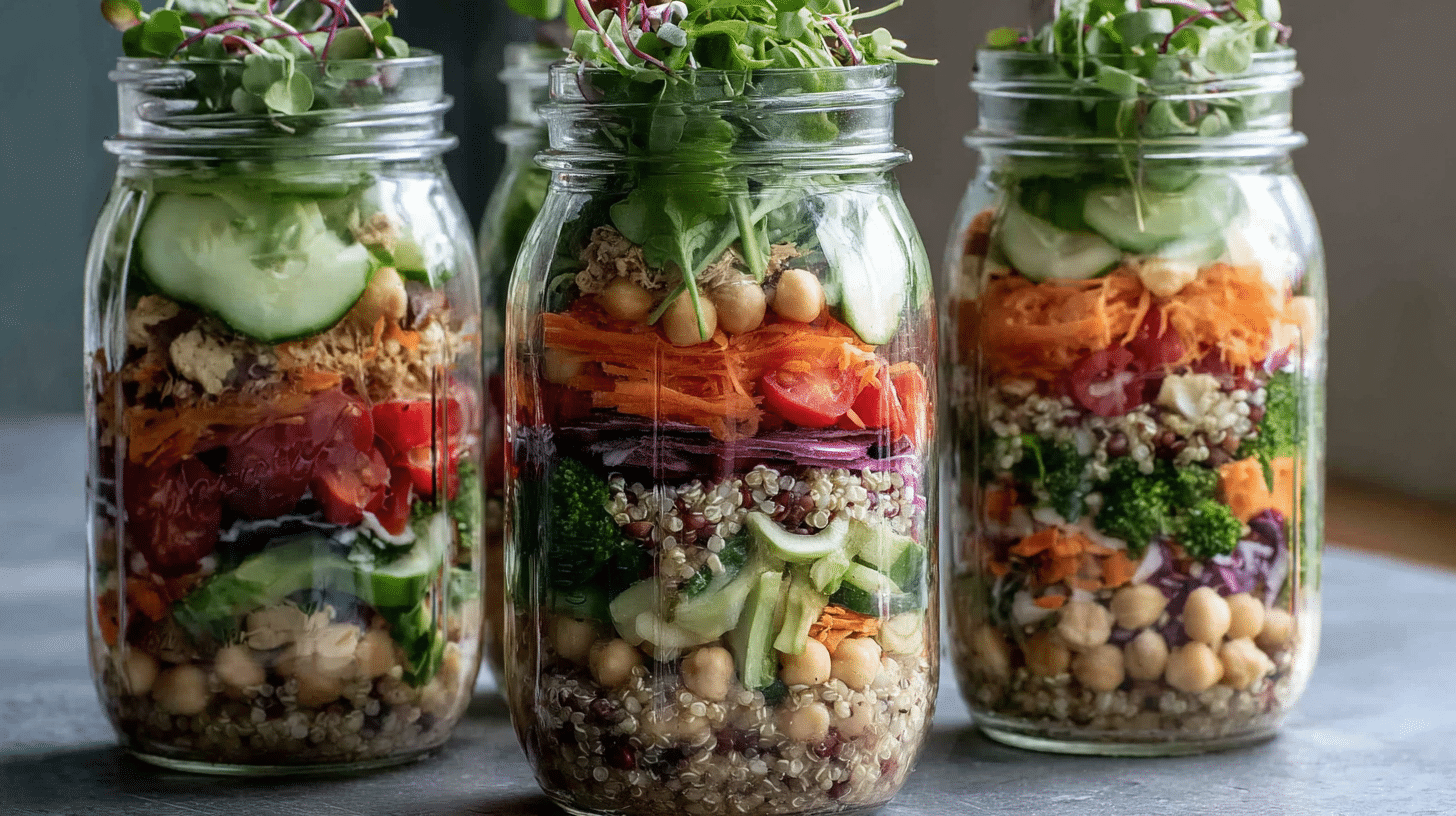 Colorful gluten-free mason jar salads with vegetables and quinoa