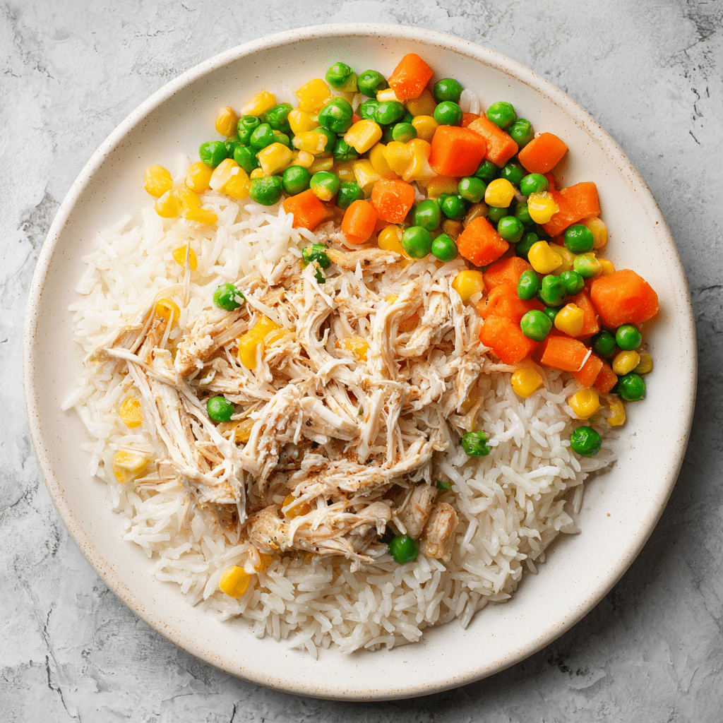 Lunchbox with mini rice bowl, shredded chicken, and frozen vegetables