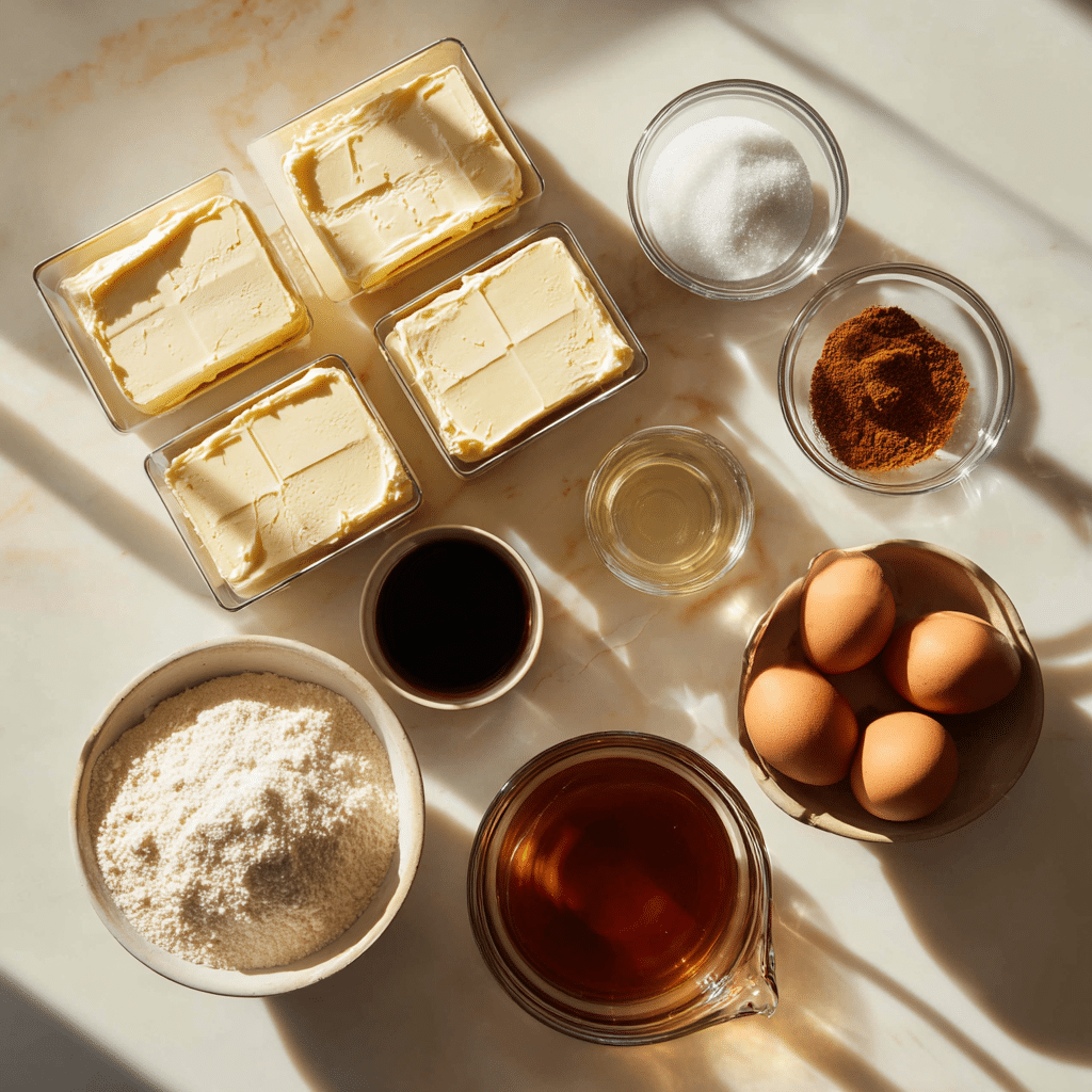Ingredients for apple cider cheesecake filling: cream cheese, sugar, eggs, vanilla, reduced apple cider, cinnamon, and nutmeg arranged on a marble countertop