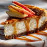 Slice of Apple Cider Cheesecake on a marble plate with caramel drizzle and fresh apple slices, warm fall colors, natural light, food photography.