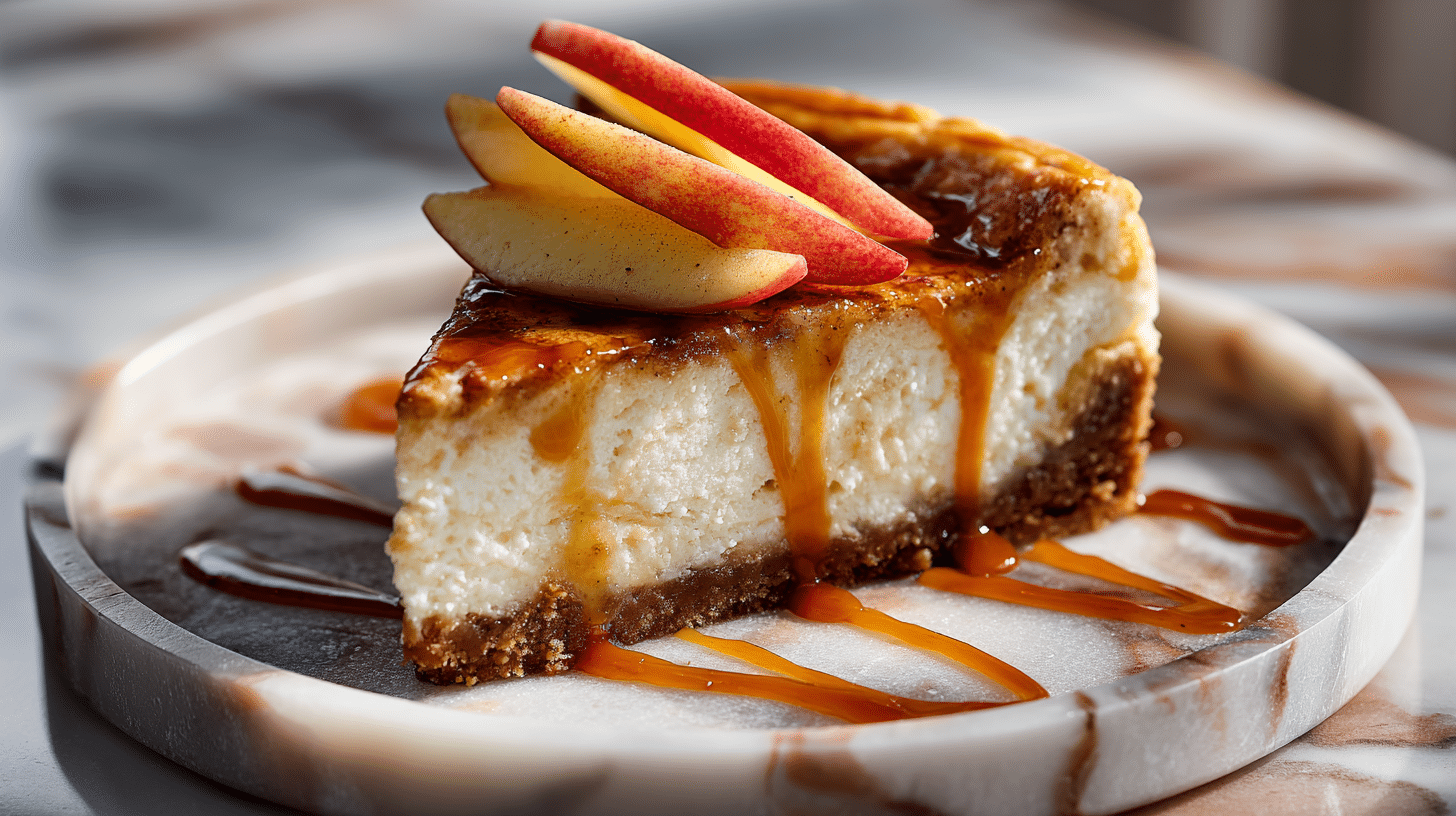 Slice of Apple Cider Cheesecake on a marble plate with caramel drizzle and fresh apple slices, warm fall colors, natural light, food photography.