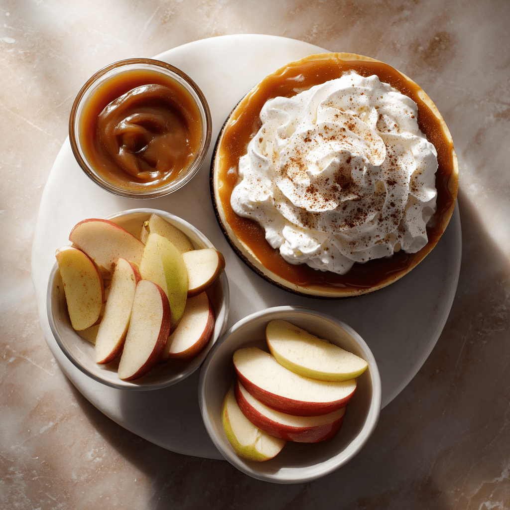 Cheesecake toppings on a marble table: apple cider caramel sauce, whipped cream, fresh apple slices, and cinnamon sprinkle