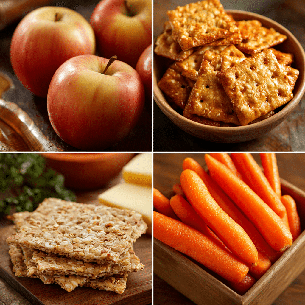 Healthy lunchbox with apples, baby carrots, crackers, and gluten-free snacks. Budget-Friendly School Lunches