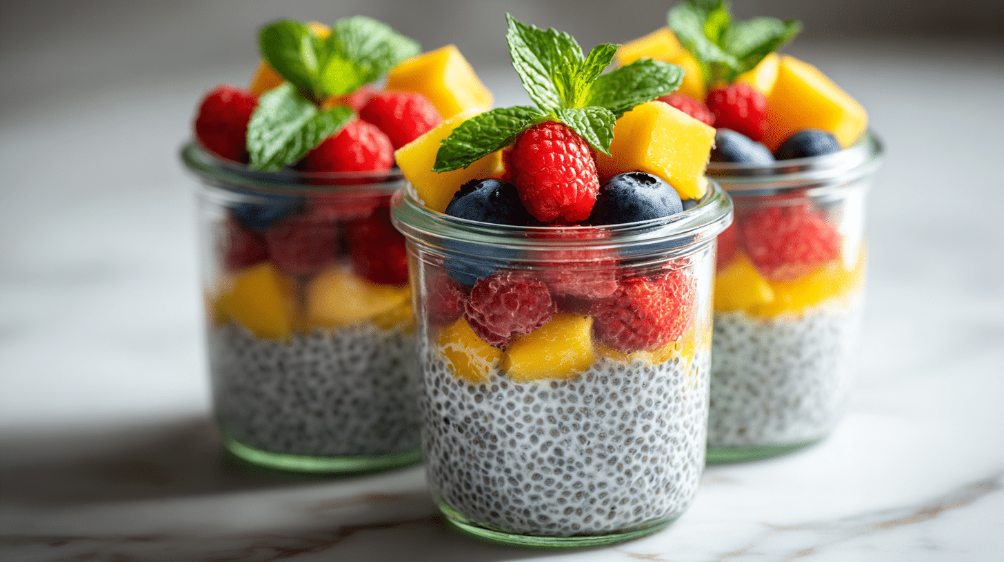 Chia pudding meal prep on a kitchen counter