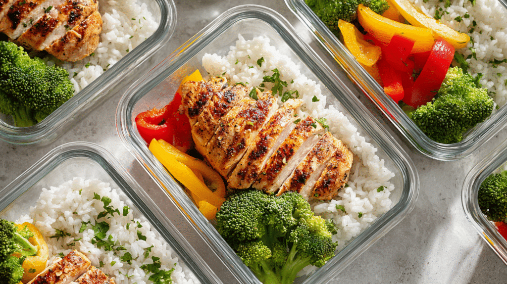 Chicken and rice gluten-free meal prep containers with fresh vegetables on a bright kitchen counter