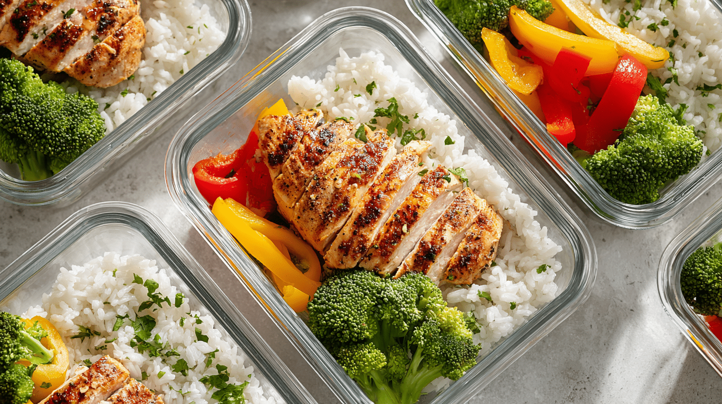 Chicken and rice gluten-free meal prep containers with fresh vegetables on a bright kitchen counter