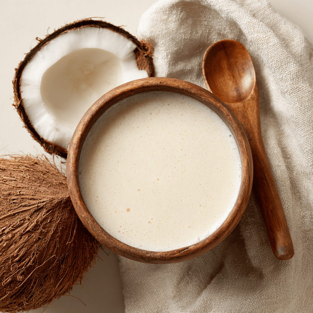 Hand pouring coconut cream into simmering mushroom soup in a white saucepan