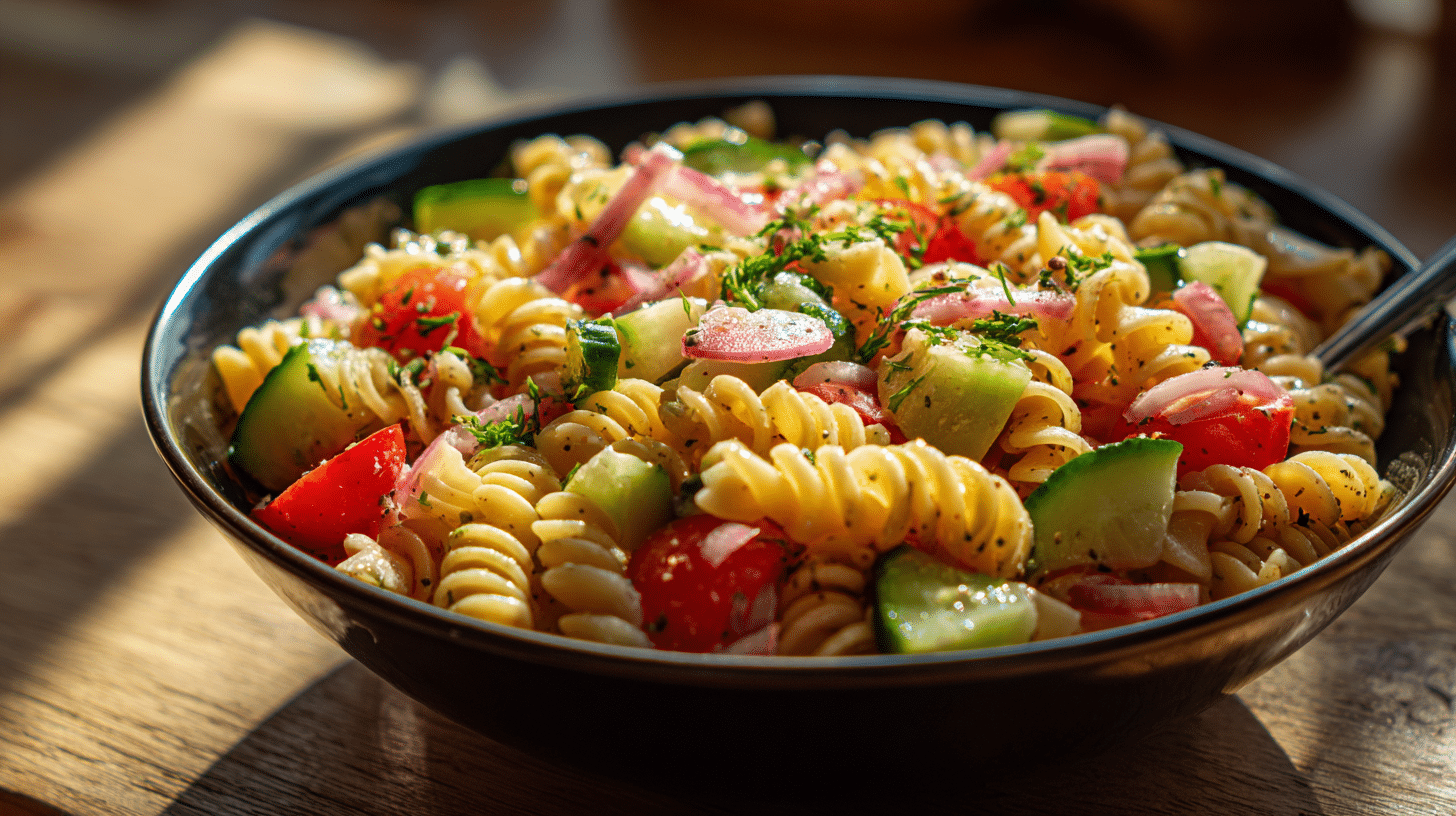 Cold pasta salad with gluten-free pasta and fresh vegetables