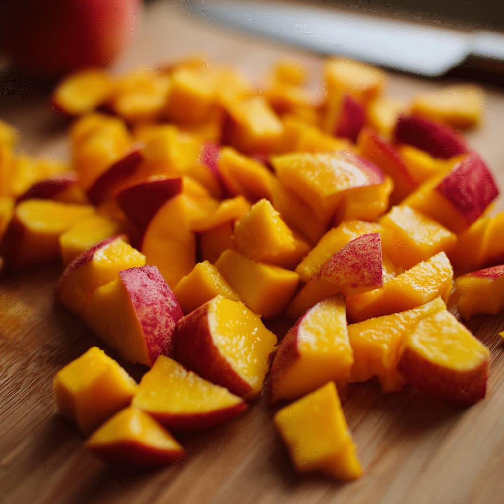 Fresh peeled and diced peaches in small even cubes ready for baking
