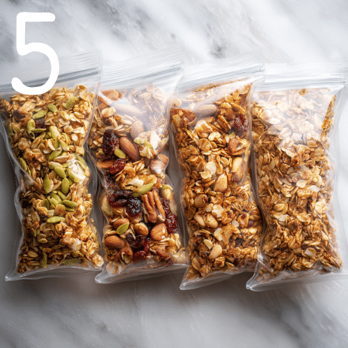 Gluten-free granola stored in labeled freezer-safe bags
