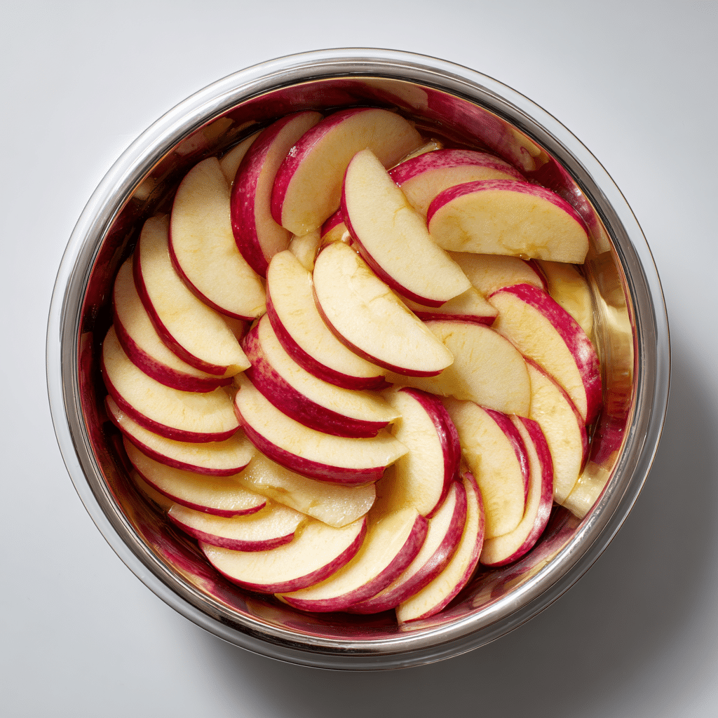Top-down shot of apple slices spread evenly in a bowl to ensure even cooking, ready for gluten-free apple pie, natural light, food photography