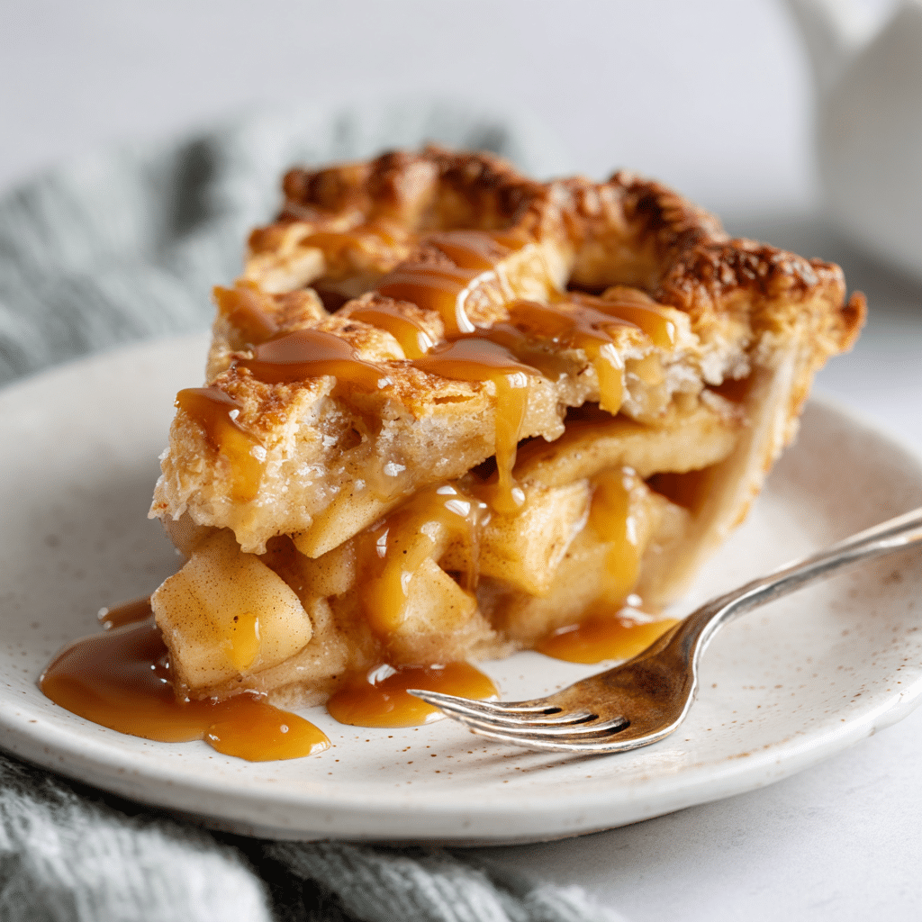 A slice of gluten-free apple pie on a white ceramic plate with a golden flaky crust, glistening apple filling, caramel drizzle, and a fork on the side.