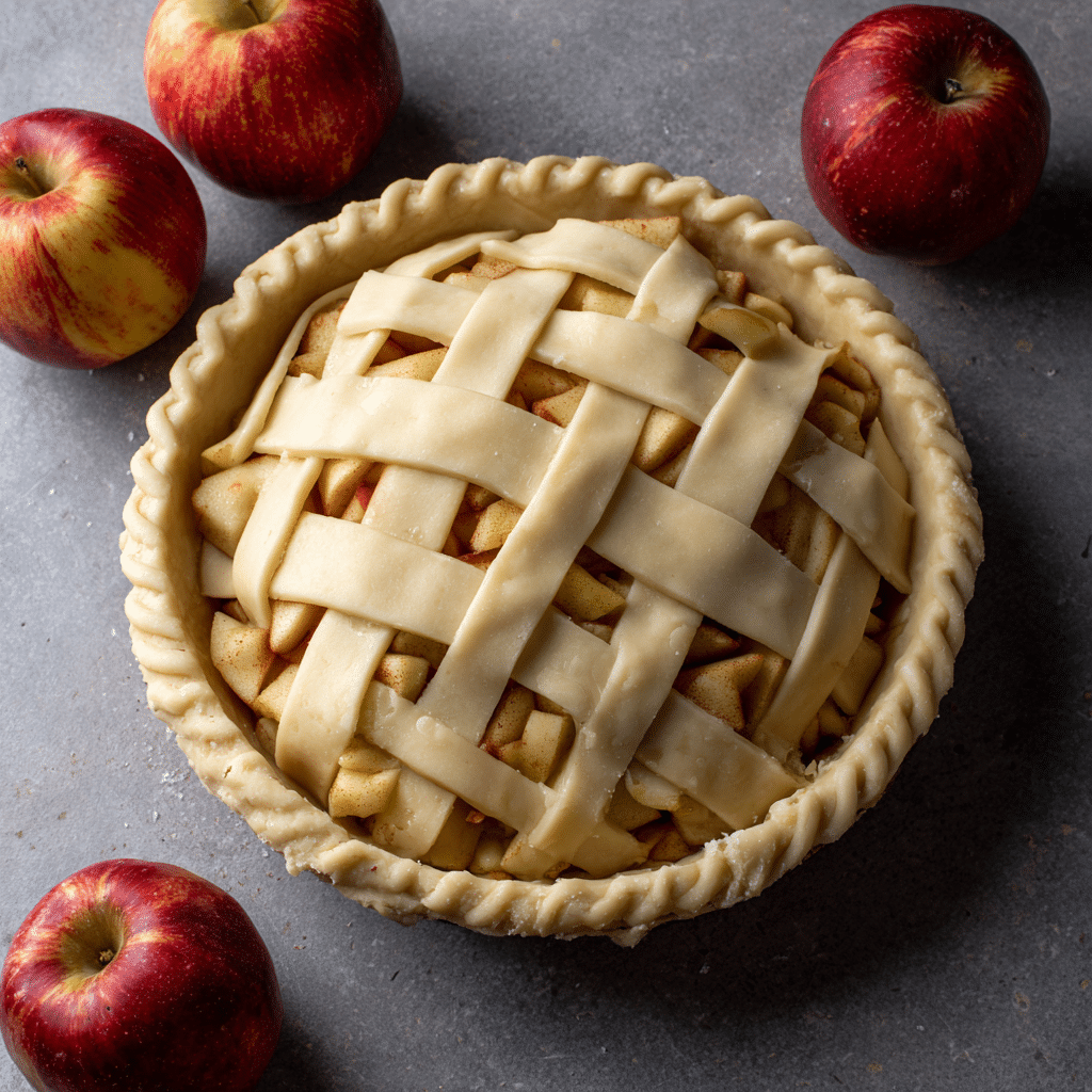 Gluten-free apple pie with bottom crust filled with apple mixture, covered with a lattice or solid top crust, trimmed and crimped edges for a neat finish, natural light, food photography