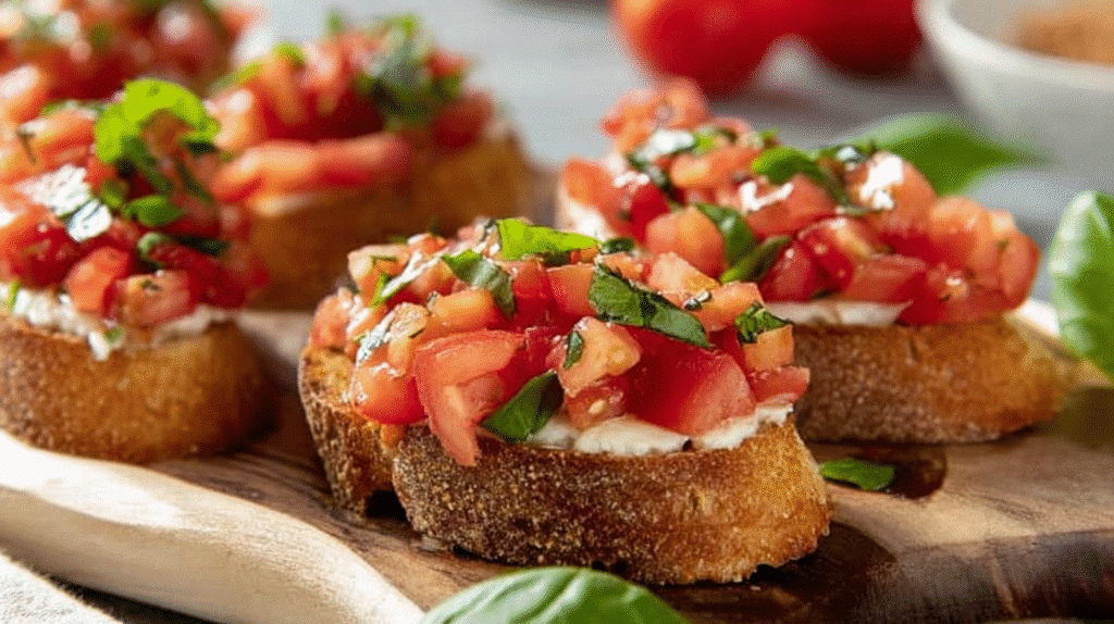 Gluten-free bruschetta appetizer on rustic wooden board