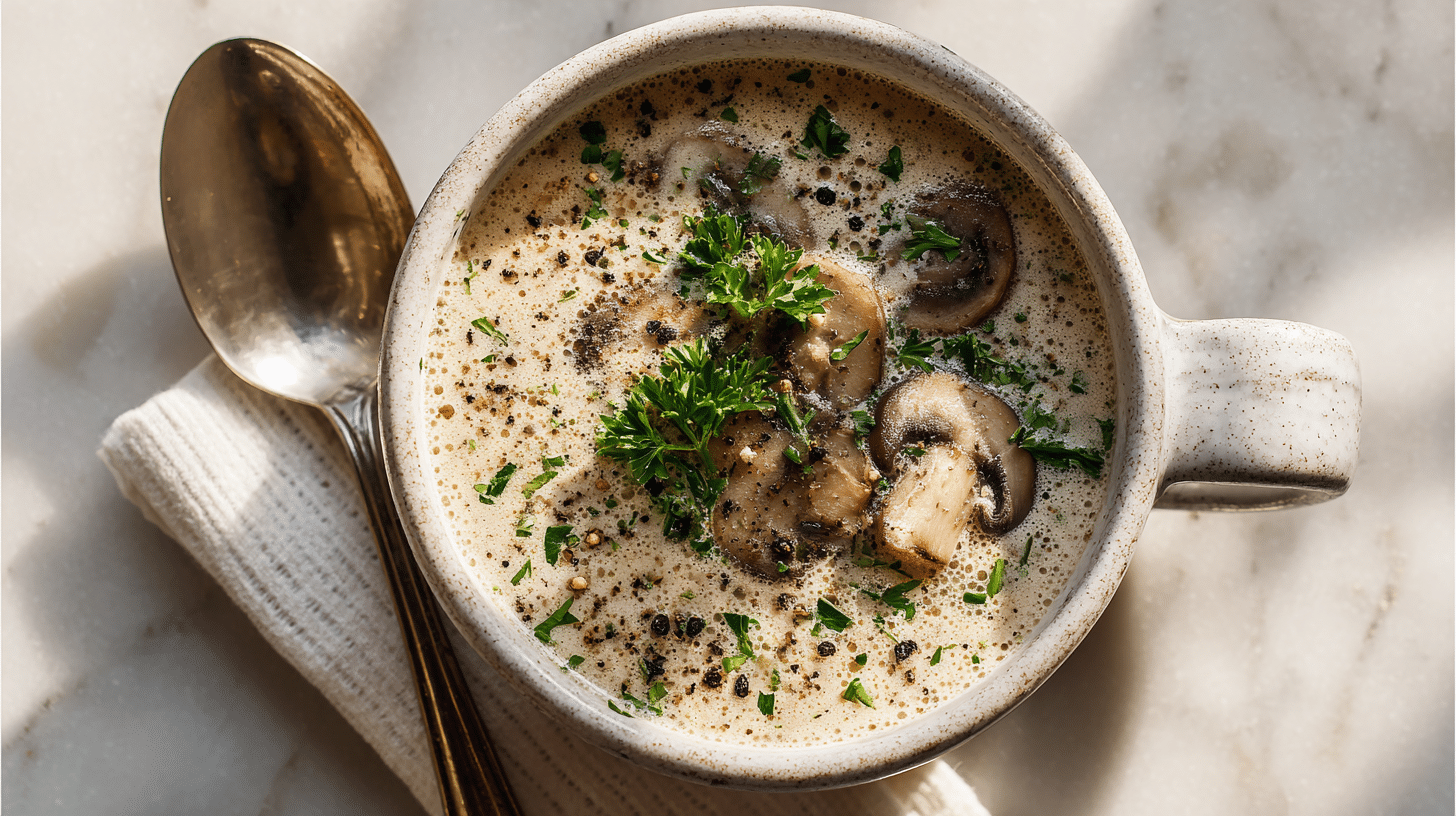 Top-down view of a steaming bowl of gluten-free creamy mushroom soup garnished with parsley and black pepper on a wooden table