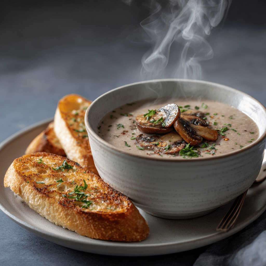 Side view of gluten-free creamy mushroom soup served with gluten-free toasted bread, steam rising from the bowl