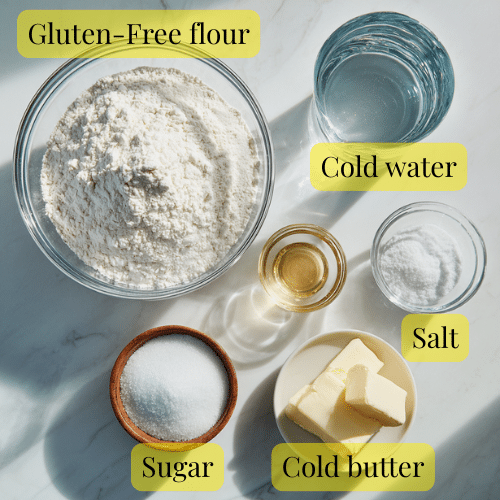 Top shot of a marble table with a large mixing bowl of gluten-free flour, sugar bowl, salt bowl, butter bowl, and glass of water in soft natural light