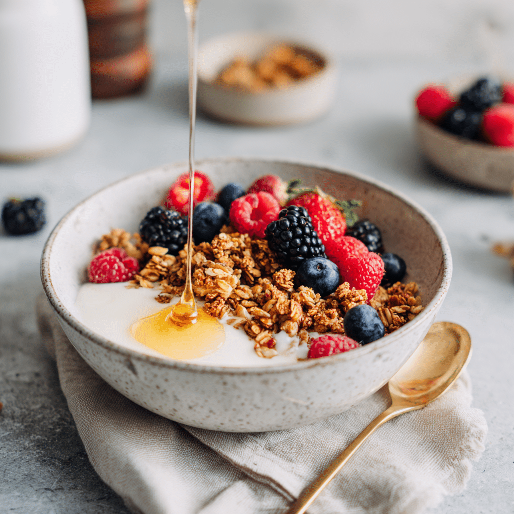granola-on-yogurt-blue-bowl:gluten free granola