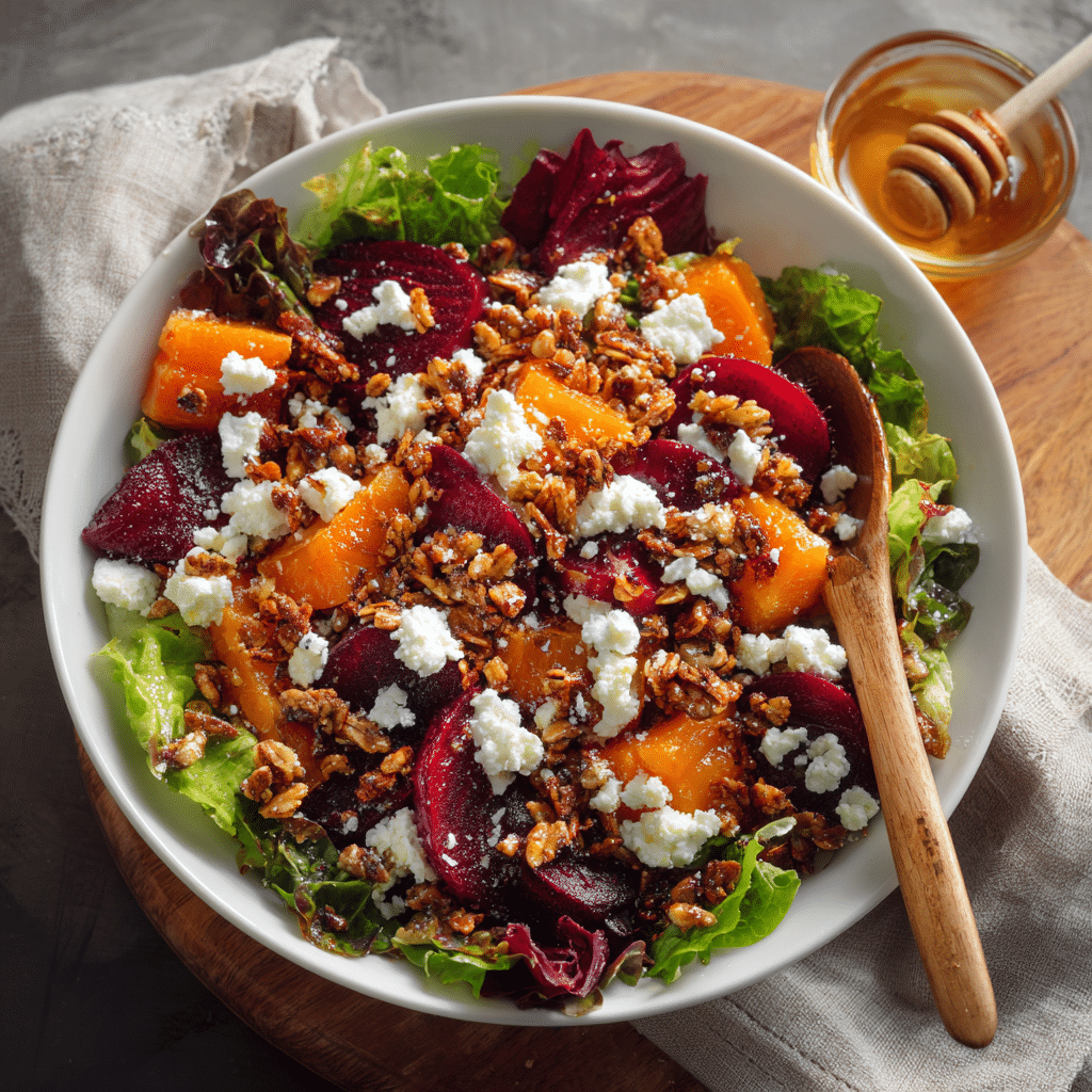 Colorful salad with gluten-free granola, lettuce, feta cheese, beets, carrots, and honey drizzle