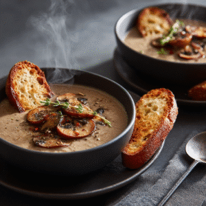 A bowl of gluten-free creamy mushroom soup on a marble dining table with napkin, spoon, and glass of sparkling water