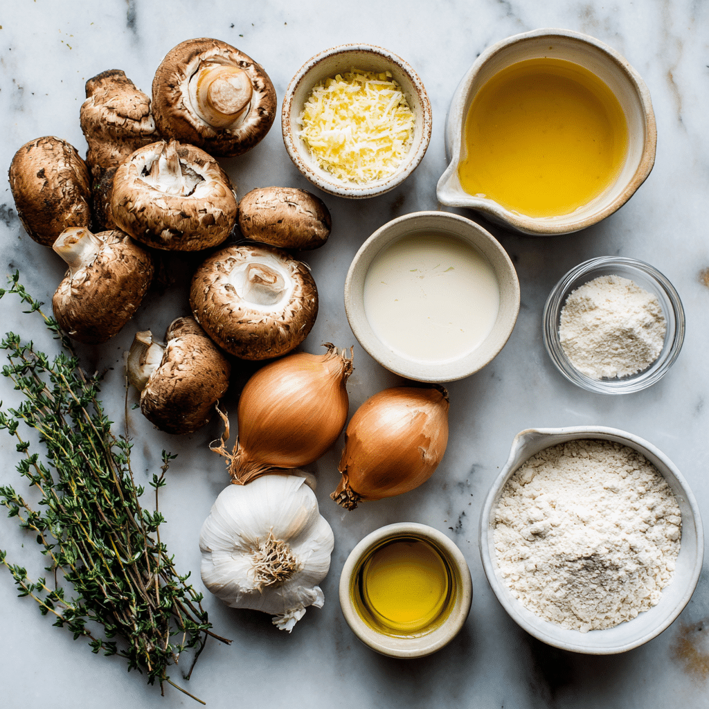 Flat lay of cremini mushrooms, shallots, garlic, thyme, broth, gluten-free flour, and coconut milk on a marble countertop