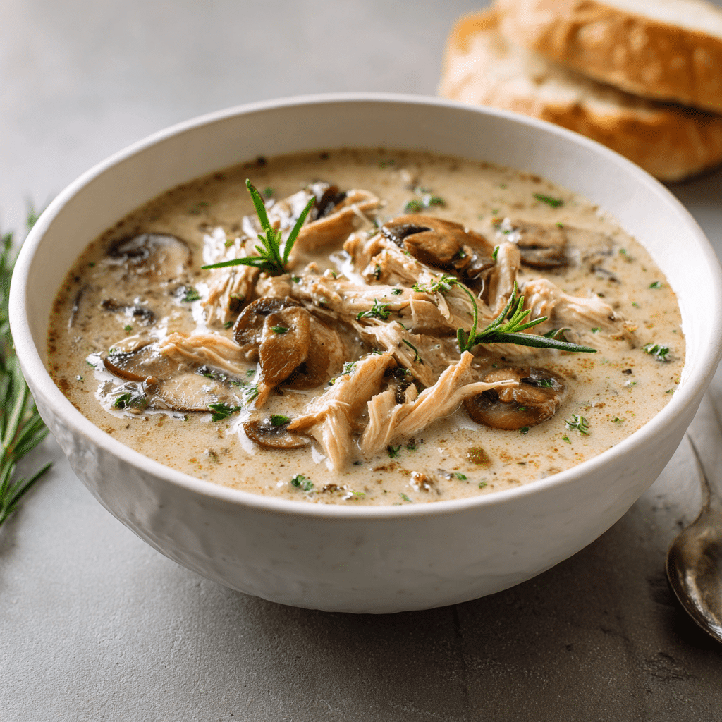 Bowl of gluten-free creamy mushroom soup topped with shredded rotisserie chicken