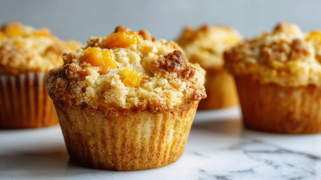 Gluten-Free Peach Streusel Muffins fresh baked with crumbly topping