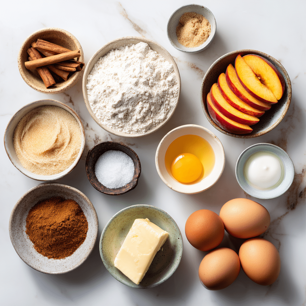 Ingredients for gluten-free peach streusel muffins neatly arranged