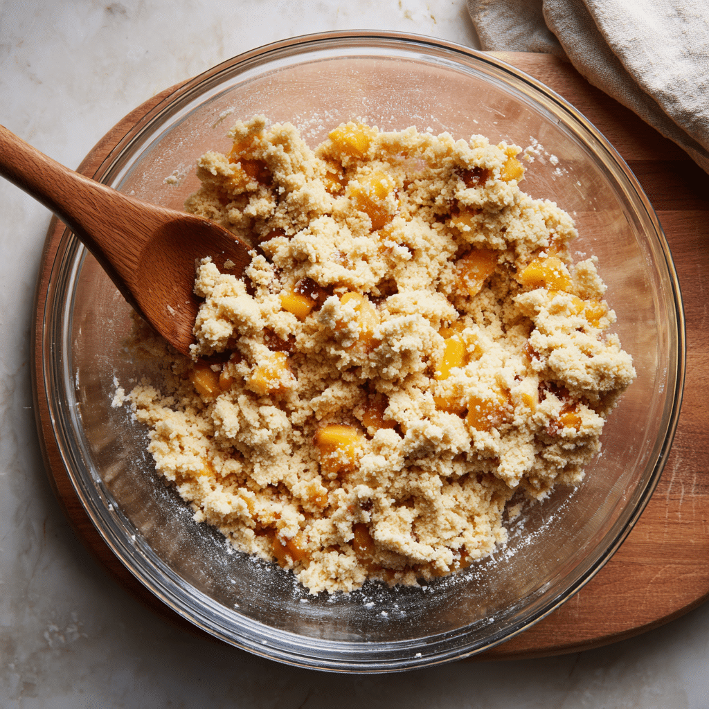 Mixing batter for gluten-free peach streusel muffins with diced peaches
