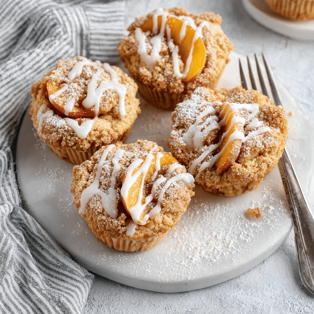 Served gluten-free peach streusel muffins showing moist crumb and peach pieces