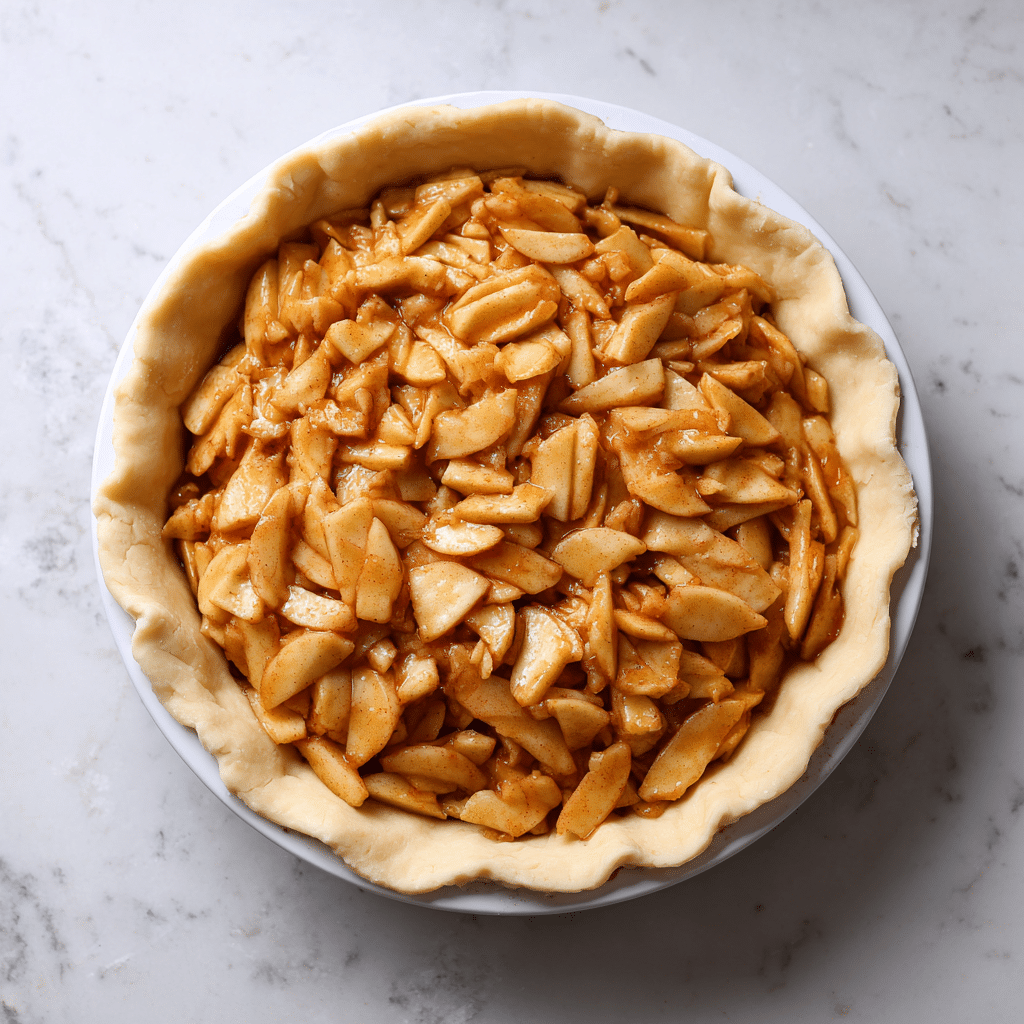 Top-down shot of gluten-free pie bottom crust in a pie dish, evenly filled with prepared apple filling, spread to cover the entire base, no hands, natural light, food photography