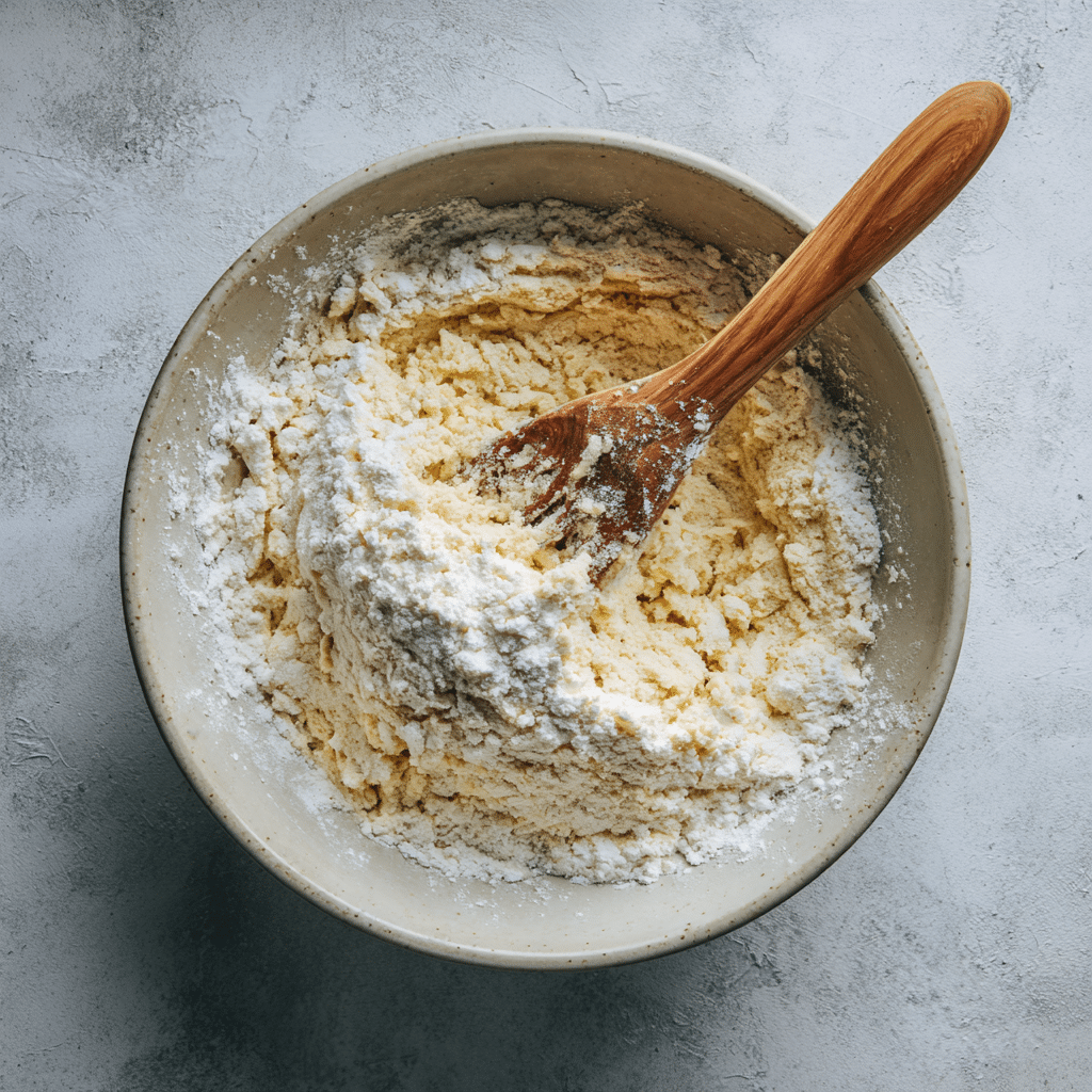 Top-down shot of gluten-free flour, sugar, salt, xanthan gum, and butter being mixed, with cold water gradually added to form dough, rolled between parchment paper on a marble table in soft natural light