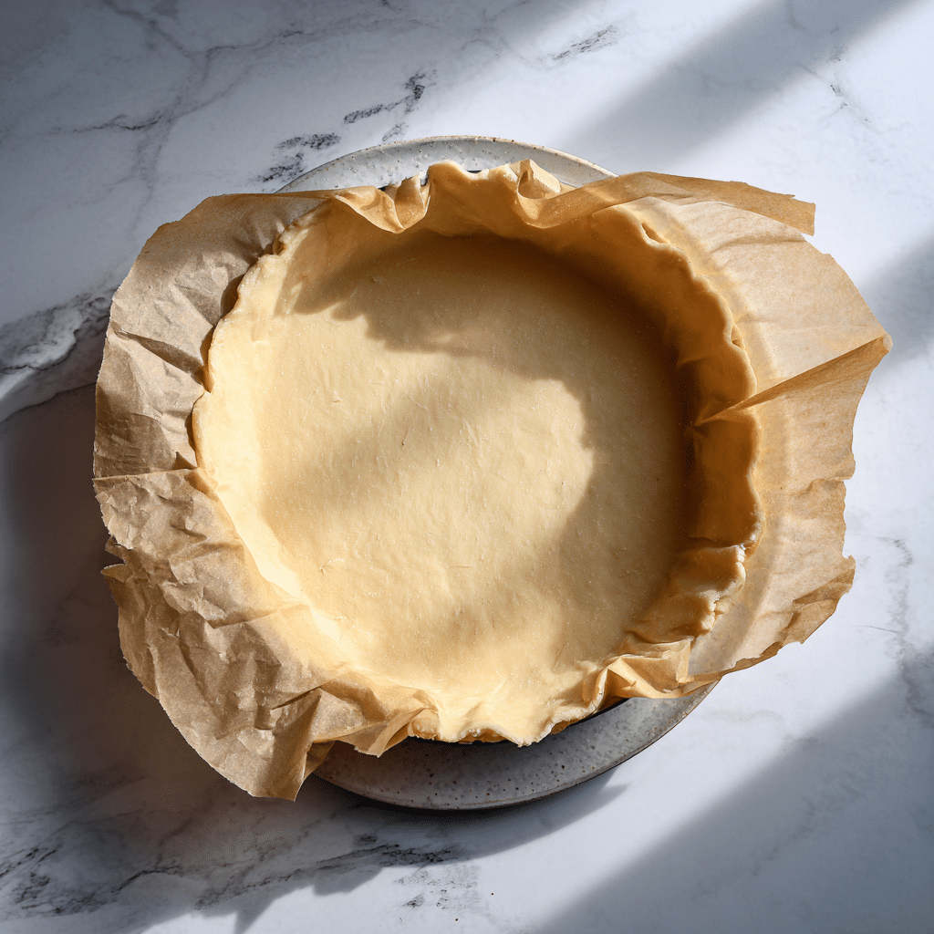 Top-down shot of gluten-free pie dough rolled between parchment paper being carefully transferred into a pie dish, pressing gently into the corners on a marble countertop in soft natural light
