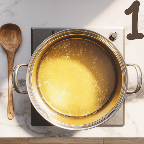 Top-down view of olive oil or butter melting in a large stainless steel pot on a marble countertop, with a wooden spoon beside it, warm natural kitchen lighting.