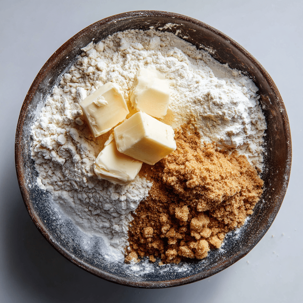 Gluten-free streusel topping made with equal parts gluten-free flour, cold butter, and brown sugar