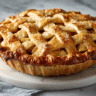 Golden-brown Gluten-Free Apple Pie with flaky lattice crust on a marble table, natural light food photography