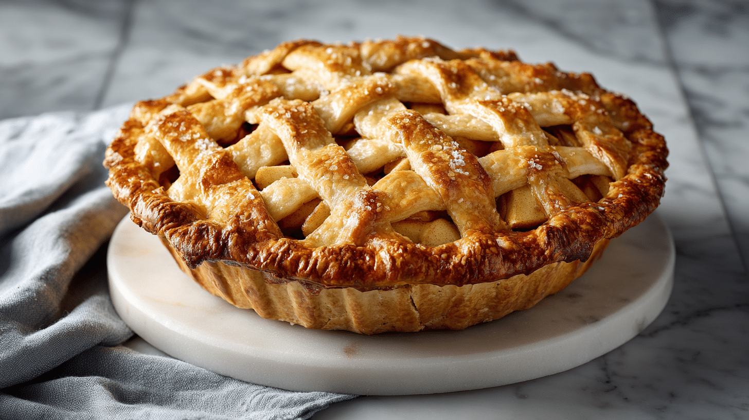 Golden-brown Gluten-Free Apple Pie with flaky lattice crust on a marble table, natural light food photography