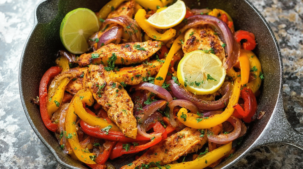 Chicken fajita marinade cooked in cast iron with peppers and limes