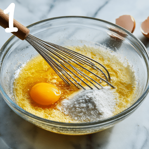 Whisking melted butter, sugar, and eggs in a glass mixing bowl on a wooden counter Pumpkin Brownies