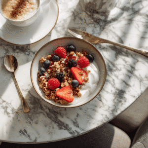 Top view of a bowl of gluten-free granola with Greek yogurt and berries on a marble table in warm sunlight
