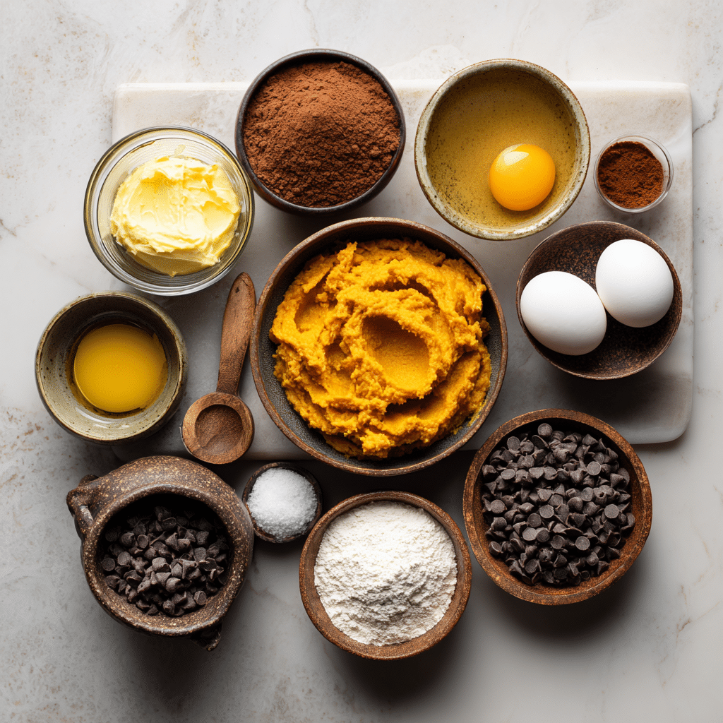 Flat lay of pumpkin brownie ingredients on a marble kitchen counter in rustic bowls