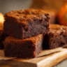 Close-up of moist, fudgy pumpkin brownies on a rustic wooden board with autumn leaves and cinnamon sticks